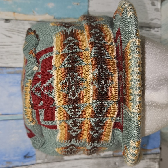 Pendleton Knit Hat Cap Tall with Brim Merino 100%Wool Red Southwestern Style - Picture 2 of 10